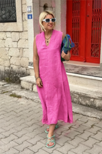 Încarcă imaginea în vizualizatorul Galerie, Rochie din bumbac și in, cu decolteu în V și buzunare duble la spate
