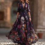 Încarcă imaginea în vizualizatorul Galerie, Rochie lungă pentru femei cu decolteu în V, cu model de trandafir și craniu, tematică de Halloween
