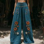 Încarcă imaginea în vizualizatorul Galerie, Pantaloni largi din amestec de in pentru femei, cu model vintage floral brodat
