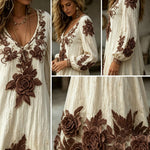Încarcă imaginea în vizualizatorul Galerie, Rochie din bumbac și in, cu talie strâmtă și model floral tridimensional.

