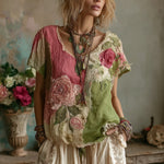 Încarcă imaginea în vizualizatorul Galerie, Tricou pentru femei cu guler rotund și model floral vintage
