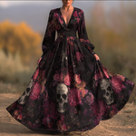 Încarcă imaginea în vizualizatorul Galerie, Rochie maxi cu model de trandafir și craniu de Halloween
