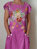 Încarcă imaginea în vizualizatorul Galerie, Rochie clasică din bumbac și in cu model floral pentru femei

