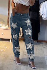 Încarcă imaginea în vizualizatorul Galerie, Blugi rupți casual cu stele pentru femei
