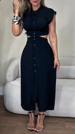 Încarcă imaginea în vizualizatorul Galerie, Women's Round Neck Buttoned Hollow Waist Casual Dress
