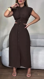 Încarcă imaginea în vizualizatorul Galerie, Women's Round Neck Buttoned Hollow Waist Casual Dress
