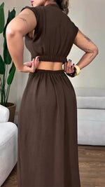 Încarcă imaginea în vizualizatorul Galerie, Women's Round Neck Buttoned Hollow Waist Casual Dress
