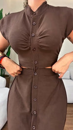 Încarcă imaginea în vizualizatorul Galerie, Women's Round Neck Buttoned Hollow Waist Casual Dress
