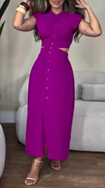 Încarcă imaginea în vizualizatorul Galerie, Women's Round Neck Buttoned Hollow Waist Casual Dress
