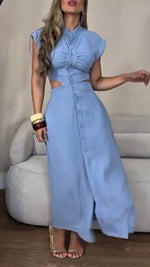 Încarcă imaginea în vizualizatorul Galerie, Women's Round Neck Buttoned Hollow Waist Casual Dress
