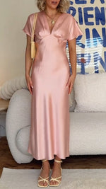 Încarcă imaginea în vizualizatorul Galerie, Rochie casual din satin cu imprimeu petic, pentru femei, cu decolteu în V
