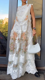Încarcă imaginea în vizualizatorul Galerie, Ladies' Round Neck Printed Hollow Out Vest+ Slit Dress Casual Set
