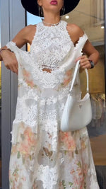 Încarcă imaginea în vizualizatorul Galerie, Ladies' Round Neck Printed Hollow Out Vest+ Slit Dress Casual Set
