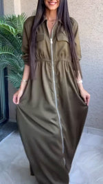 Încarcă imaginea în vizualizatorul Galerie, Rochie casual de culoare solidă pentru femei, cu guler și fermoar
