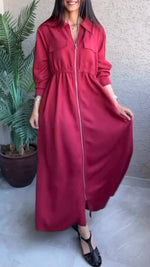 Încarcă imaginea în vizualizatorul Galerie, Rochie casual de culoare solidă pentru femei, cu guler și fermoar

