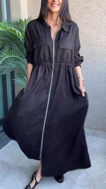 Încarcă imaginea în vizualizatorul Galerie, Rochie casual de culoare solidă pentru femei, cu guler și fermoar
