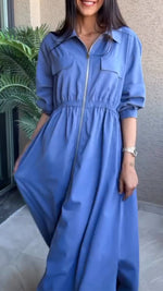 Încarcă imaginea în vizualizatorul Galerie, Rochie casual de culoare solidă pentru femei, cu guler și fermoar
