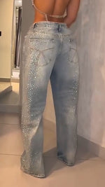 Încarcă imaginea în vizualizatorul Galerie, Blugi spălați casual, cu strasuri în formă de artificii, perforați la cald
