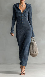 Încarcă imaginea în vizualizatorul Galerie, Rochie elegantă și casual de damă, cu glugă și închidere parțială cu nasturi.
