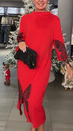 Încarcă imaginea în vizualizatorul Galerie, Rochie de seară lejeră cu imprimeu fluture și strasuri pentru femei, cu guler rotund, casual
