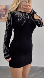 Încarcă imaginea în vizualizatorul Galerie, Rochie de damă cu guler rotund și mâneci cu strasuri

