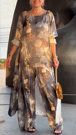 Încarcă imaginea în vizualizatorul Galerie, Costum casual pentru femei, cu guler rotund, imprimat, neregulat, lung, top + pantaloni
