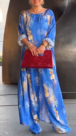 Încarcă imaginea în vizualizatorul Galerie, Costum casual pentru femei, cu guler rotund, imprimat, neregulat, lung, top + pantaloni
