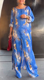 Încarcă imaginea în vizualizatorul Galerie, Costum casual pentru femei, cu guler rotund, imprimat, neregulat, lung, top + pantaloni
