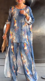 Încarcă imaginea în vizualizatorul Galerie, Costum casual pentru femei, cu guler rotund, imprimat, neregulat, lung, top + pantaloni
