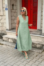 Încarcă imaginea în vizualizatorul Galerie, Rochie din bumbac și in, cu decolteu în V și buzunare duble la spate
