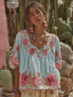 Încarcă imaginea în vizualizatorul Galerie, Tricou de in pentru femei cu broderie florală vintage
