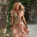 Încarcă imaginea în vizualizatorul Galerie, Rochie midi vintage cu broderie florală și decolteu în V din in
