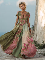 Încarcă imaginea în vizualizatorul Galerie, Vintage Pink Roses Gradient Patchwork Flowy Linen Maxi Dress
