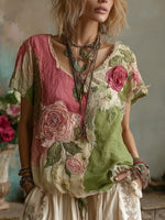 Încarcă imaginea în vizualizatorul Galerie, Tricou pentru femei cu guler rotund și model floral vintage
