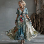 Încarcă imaginea în vizualizatorul Galerie, Rochie maxi vintage din bumbac și in, cu broderie florală japoneză și flori în degrade
