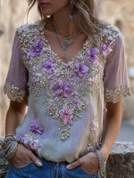 Încarcă imaginea în vizualizatorul Galerie, Cămașă vintage din in cu decolteu în V și broderie cu flori violet
