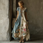Încarcă imaginea în vizualizatorul Galerie, Rochie vintage cu imprimeu floral color block, brodată manual
