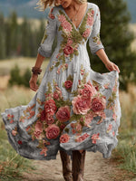 Încarcă imaginea în vizualizatorul Galerie, Rochie maxi confortabilă din amestec de in, cu imprimeu floral vintage cu trandafiri și decolteu în V, pentru femei
