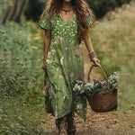 Încarcă imaginea în vizualizatorul Galerie, Rochie mini din in cu decolteu în V și imprimeu floral

