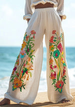 Încarcă imaginea în vizualizatorul Galerie, Pantaloni largi din amestec de in pentru femei, cu model vintage floral brodat
