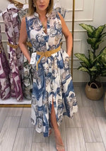 Încarcă imaginea în vizualizatorul Galerie, Rochie elegantă fără mâneci, cu imprimeu floral și nasturi
