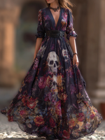 Încarcă imaginea în vizualizatorul Galerie, Rochie lungă pentru femei cu decolteu în V, cu model de trandafir și craniu, tematică de Halloween
