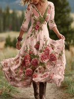 Încarcă imaginea în vizualizatorul Galerie, Rochie maxi confortabilă din amestec de in, cu imprimeu floral vintage cu trandafiri și decolteu în V, pentru femei
