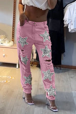 Încarcă imaginea în vizualizatorul Galerie, Blugi rupți casual cu stele pentru femei
