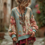 Încarcă imaginea în vizualizatorul Galerie, Hanorac pentru femei, model floral boem retro, confortabil, cald, cu decolteu în V
