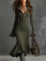 Încarcă imaginea în vizualizatorul Galerie, Rochie midi tricotată cu decolteu retro cu fermoar și mâneci tip trompetă
