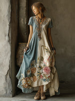 Încarcă imaginea în vizualizatorul Galerie, Rochie vintage cu imprimeu floral color block, brodată manual
