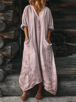 Încarcă imaginea în vizualizatorul Galerie, Rochie de damă din bumbac, cu imprimeu artistic, cu decolteu în V și buzunar, cu model etnic totem și gradient
