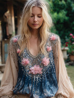 Încarcă imaginea în vizualizatorul Galerie, Tricou elegant cu mânecă lungDin cauza măsurării manuale, poate exista o eroare de 1-3 cm.ă pentru femei, cu broderie florală și paiete
