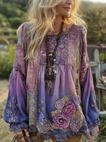 Încarcă imaginea în vizualizatorul Galerie, Cămașă elegantă vintage cu mânecă lungă din bumbac și in, cu imprimeu floral
